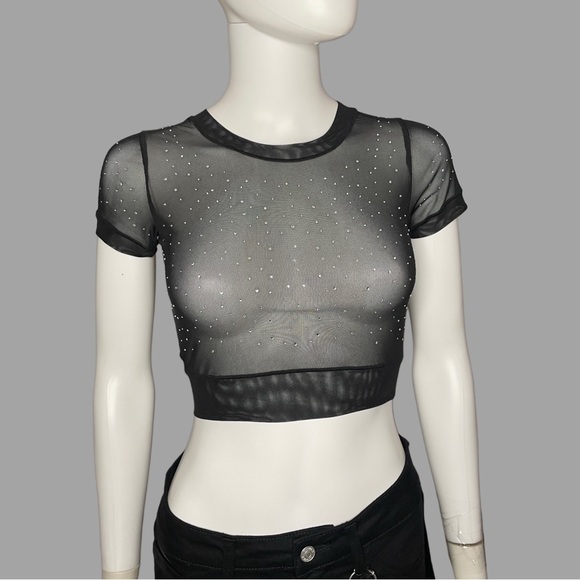 ANWND Tops - ANWND Sheer Black‎ Rhinestone Crop Top